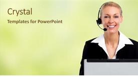  Presentation with laptop - Colorful PPT theme enhanced with customer service - smiling agent woman with headsets backdrop and a soft green colored foreground