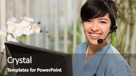  Presentation with scrubs - Theme consisting of customer service - smiling attractive multi-ethnic young woman background and a wine colored foreground