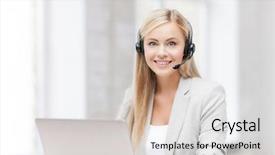 Presentation with headphones - Slide deck having customer service - smiling female helpline operator background and a light gray colored foreground