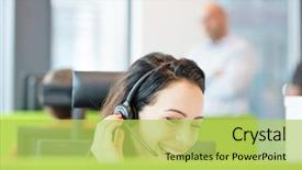  Presentation with object detection using deep neural networks - Colorful PPT theme enhanced with customer service - smiling young businesswoman using headset backdrop and a yellow colored foreground