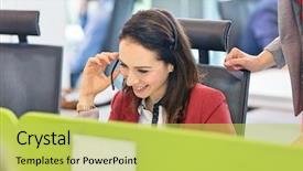  Presentation with brain waves mobile 2 headset - PPT layouts enhanced with customer service - smiling young businesswoman using headset background and a yellow colored foreground