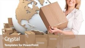  Presentation with woman world - Presentation with customer service - woman holding a box background and a coral colored foreground