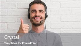  Presentation with excellent customer service - Slides having customer service - young adult man over brick background and a gray colored foreground