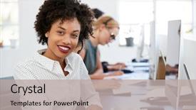  Presentation with black woman - Audience pleasing slides consisting of customer service - young black woman with headset backdrop and a light gray colored foreground