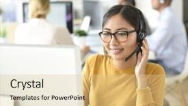  Presentation with customer service - Colorful presentation design enhanced with customer service assistant working backdrop and a lemonade colored foreground