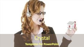  Presentation with call center management - PPT theme featuring customer service banks - attractive call center support woman background and a tawny brown colored foreground