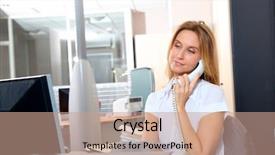  Presentation with front desk - Beautiful presentation theme featuring customer service banks - blond woman talking backdrop and a coral colored foreground