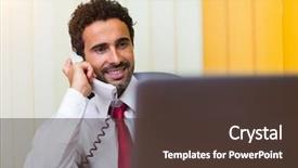  Presentation with phone - Theme having customer service banks - smiling businessman talking background and a  colored foreground