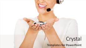  Presentation with car - Audience pleasing presentation design consisting of customer service banks - young businesswoman in headset holding backdrop and a  colored foreground