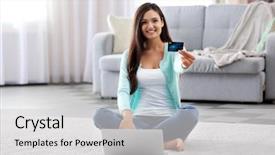  Presentation with online shopping and delivery - Beautiful PPT theme featuring customer service banks - young woman sitting on floor backdrop and a light gray colored foreground