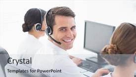  Presentation with computers - Slides having customer service communication - business people with headsets using background and a lemonade colored foreground