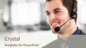  Presentation with customer service - Amazing slide deck having customer service communication - portrait of a young happy backdrop and a sky blue colored foreground