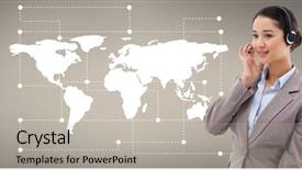 Presentation with customer service - PPT theme having customer service executive against world background and a light gray colored foreground