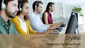  Presentation with customer service - PPT theme with customer service executives working background and a coral colored foreground