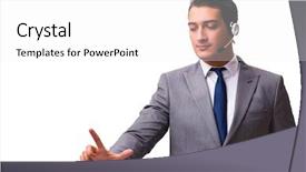  Presentation with old wite man and his music - Amazing slide deck having customer service free - handsome man with headset isolated backdrop and a  colored foreground