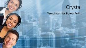  Presentation with customer service - Cool new PPT theme with customer service free - smiling business people with headsets backdrop and a  colored foreground