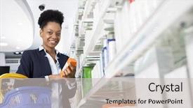  Presentation with pharmacy - Slides featuring customer service healthcare - businesswoman holding medicine by shelves background and a light gray colored foreground