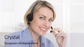  Presentation with aged - PPT theme featuring customer service meeting - attractive smiling middle aged woman background and a light blue colored foreground