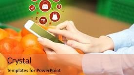  Presentation with online shopping store - Theme enhanced with customer service mobile applications - woman using smartphone for browsing background and a gold colored foreground