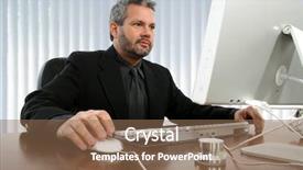  Presentation with desk - Presentation enhanced with fourty something business man in suit sitting at desk looking at monitor background and a violet colored foreground