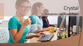  Presentation with call center - Colorful slide deck enhanced with customer service representative at call backdrop and a soft green colored foreground