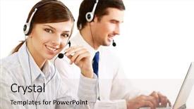  Presentation with sales - Colorful theme enhanced with customer service sales - businesswoman with headset smiling backdrop and a  colored foreground