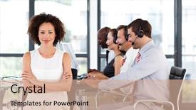  Presentation with call center software - Slides consisting of customer service sales - confident attractive businesswoman with folded background and a coral colored foreground