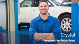  Presentation with mechanic repair - Slides with customer service satified - smiling mechanic looking at camera background and a  colored foreground