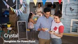  Presentation with snacks - PPT layouts enhanced with customer service truck - smiling couple interacting while having background and a tawny brown colored foreground