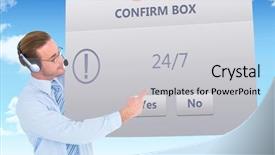  Presentation with id card - PPT theme having customer service week - businessman presenting card wearing headset background and a light gray colored foreground