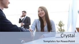  Presentation with business partner - Presentation with customer strategy - business woman shaking hands background and a light blue colored foreground