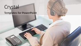  Presentation with call center agent reporting - Slide set having customer support - blonde call center agent working background and a light gray colored foreground