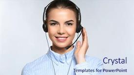  Presentation with consulting - Amazing PPT theme having customer support - female consulting manager with headset backdrop and a sky blue colored foreground