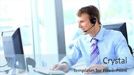  Presentation with working - Amazing PPT theme having customer support - happy young man working backdrop and a light blue colored foreground