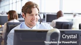  Presentation with worker - Cool new slide deck with customer support - male call centre worker looking backdrop and a dark gray colored foreground