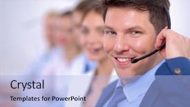  Presentation with call center - Amazing presentation theme having customer support team - attractive positive young businesspeople backdrop and a  colored foreground