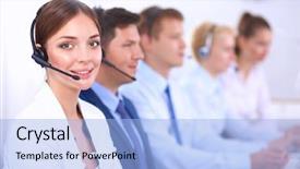  Presentation with call center - Beautiful slides featuring customer support team - attractive smiling positive young businesspeople backdrop and a light blue colored foreground