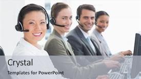  Presentation with computers - Amazing PPT theme having customer support team - business people with headsets using backdrop and a  colored foreground