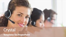  Presentation with call center - Slide deck consisting of customer support team - portrait of beautiful businesswoman wearing background and a coral colored foreground