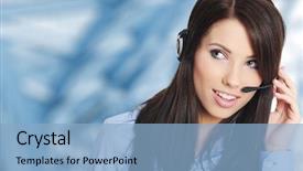  Presentation with support - Cool new presentation design with microphone blurred business - customer support woman with headset backdrop and a light blue colored foreground