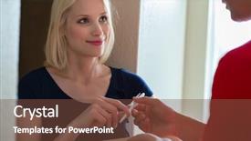  Presentation with female - Slide deck enhanced with customer taking pen from delivery background and a tawny brown colored foreground