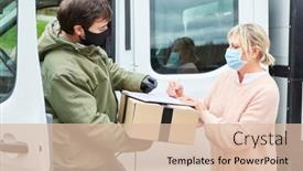  Presentation with customer service - PPT theme with customer-with-face-mask-gives background and a lemonade colored foreground