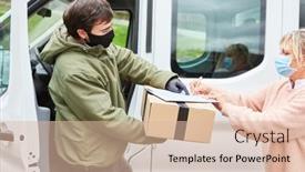  Presentation with delivery van - PPT theme with customer-with-face-mask-gives background and a lemonade colored foreground