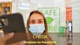  Presentation with covid - PPT theme enhanced with customer-with-face-mask background and a tawny brown colored foreground