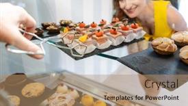  Presentation with confectionery - Cool new slides with customer-woman-in-confectionery-choosing backdrop and a coral colored foreground