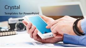  Presentation with online payment - Slide deck having credit risk bank customers - men's hands use smart phone background and a light blue colored foreground