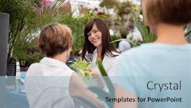  Presentation with customers - Presentation design enhanced with customers at reception desk buying plants background and a light blue colored foreground