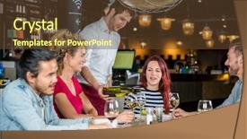  Presentation with restaurant waiter - Slide set featuring customers at table in restaurant background and a tawny brown colored foreground
