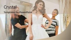  Presentation with bride and groom at wedding - Slide set with customers event - beautiful bride choosing wedding dress background and a  colored foreground