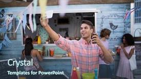  Presentation with beer bottle - Beautiful PPT theme featuring customers event - man taking selfie with beer backdrop and a ocean colored foreground